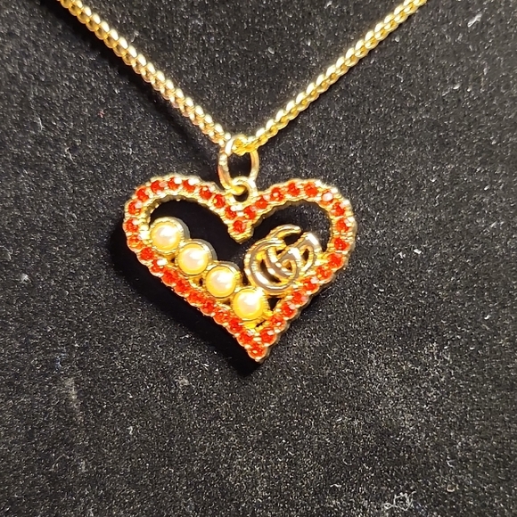 Upcycled Jewelry - Gold Heart Pendant Necklace with Red Accents With Upcycled Chain #13